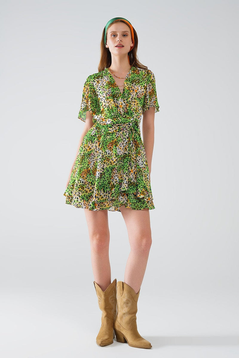 Q2 Women's Dress Short Green Multicolored Dress With Crossed Top With Animal Print