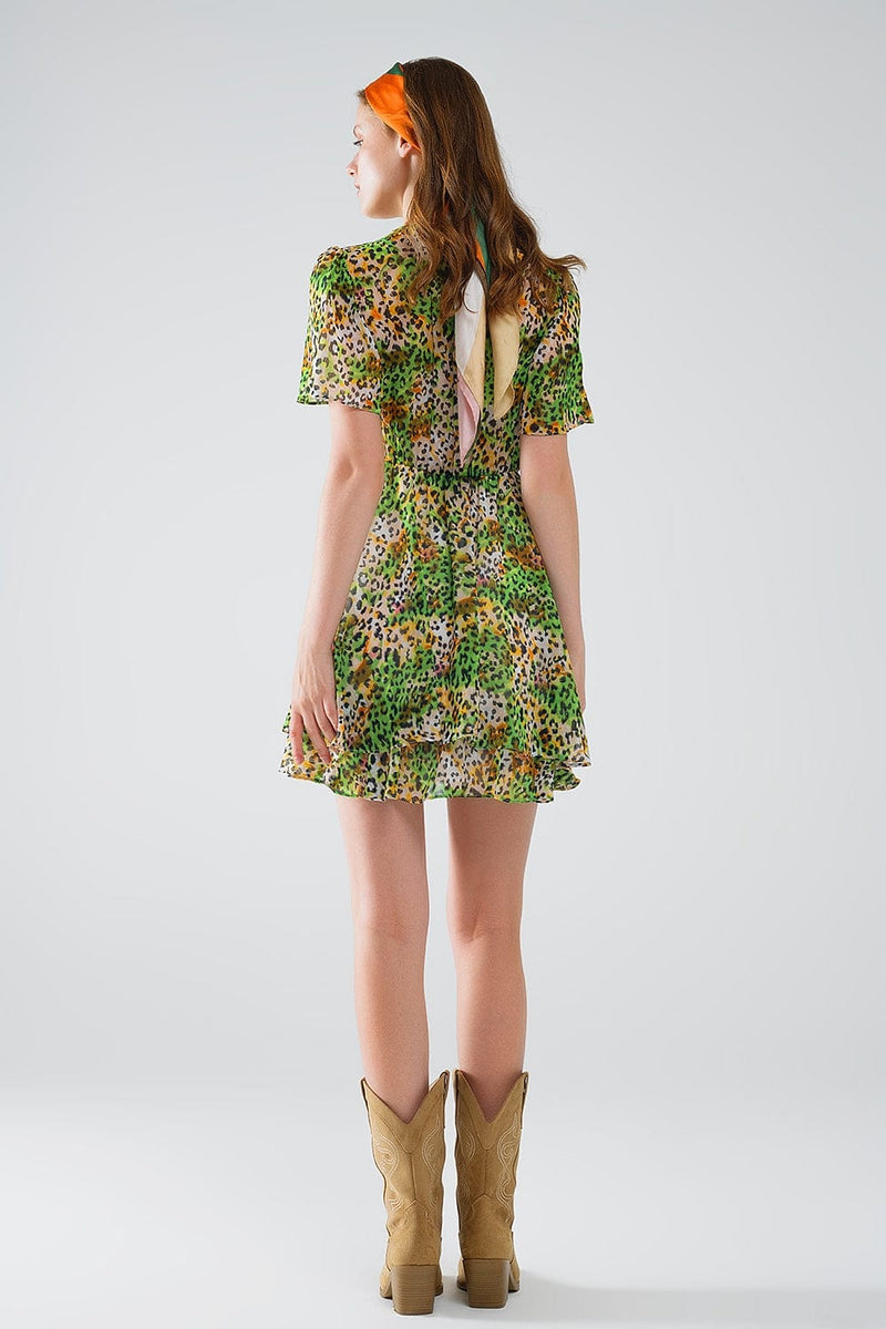 Q2 Women's Dress Short Green Multicolored Dress With Crossed Top With Animal Print