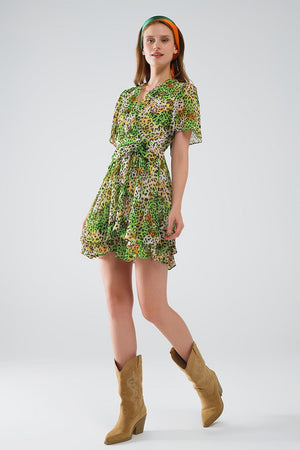Q2 Women's Dress Short Green Multicolored Dress With Crossed Top With Animal Print