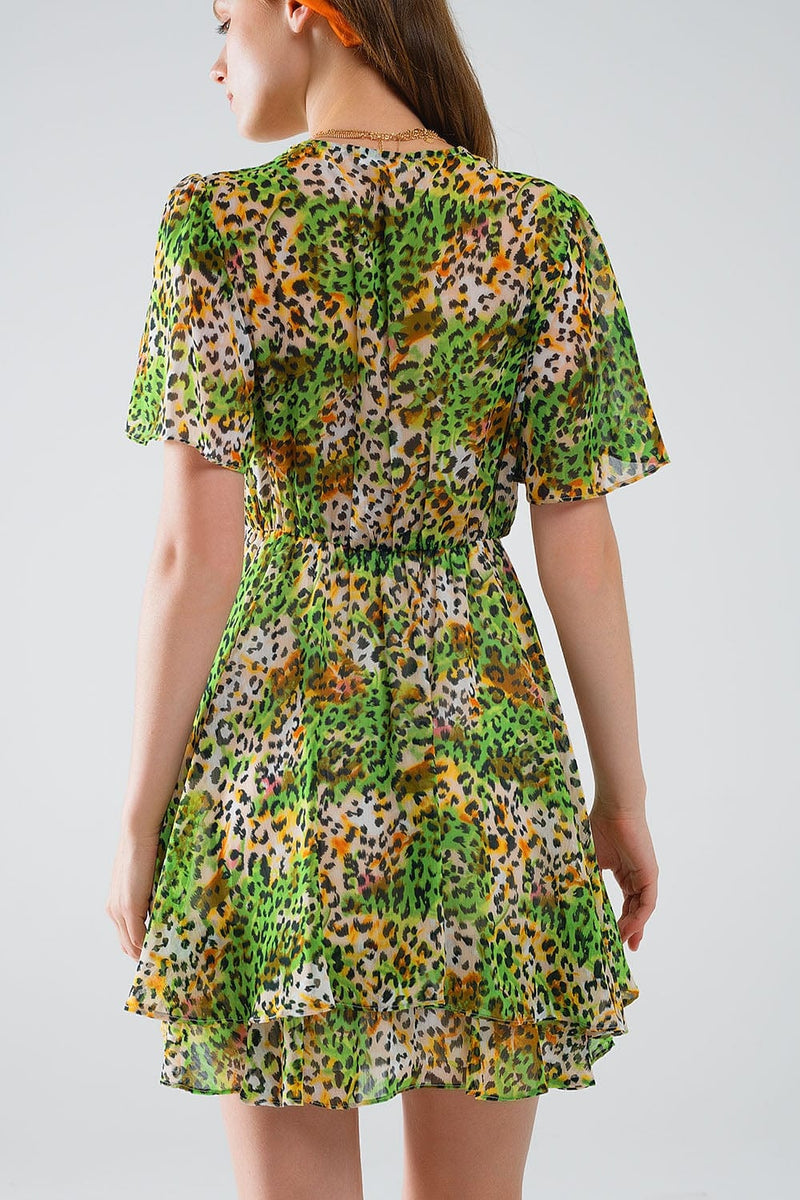 Q2 Women's Dress Short Green Multicolored Dress With Crossed Top With Animal Print