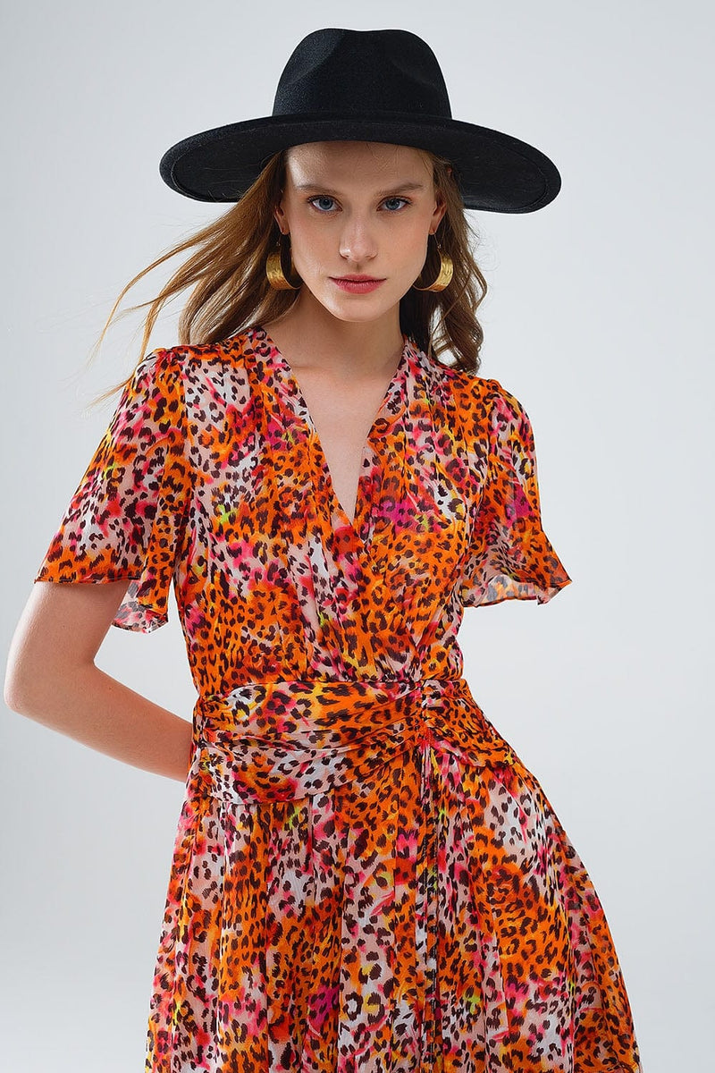 Q2 Women's Dress Short Orange Multicolored Dress With Crossed Top With Animal Print