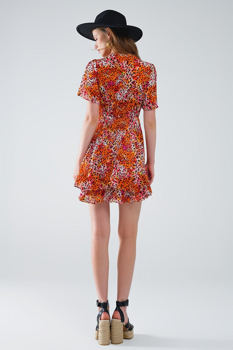Q2 Women's Dress Short Orange Multicolored Dress With Crossed Top With Animal Print