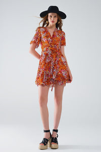 Q2 Women's Dress Short Orange Multicolored Dress With Crossed Top With Animal Print