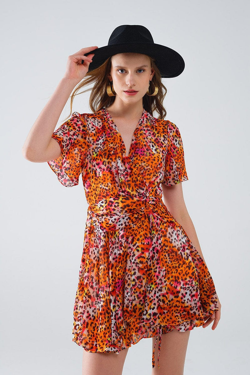 Q2 Women's Dress Short Orange Multicolored Dress With Crossed Top With Animal Print