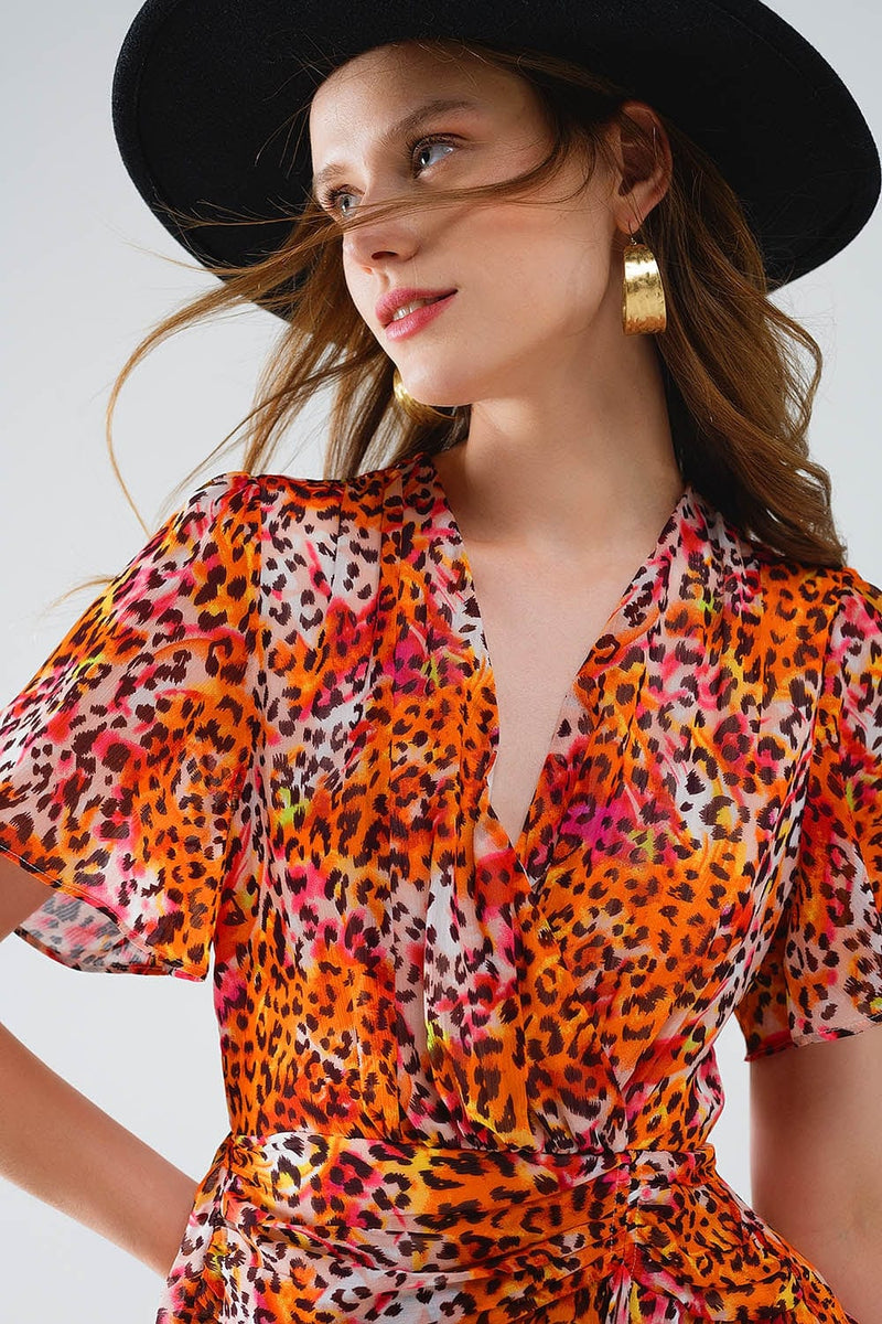 Q2 Women's Dress Short Orange Multicolored Dress With Crossed Top With Animal Print
