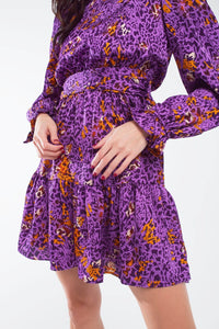 Q2 Women's Dress Short Printed Dress With Tiered Skirt And Ruffled Cuff In Purple