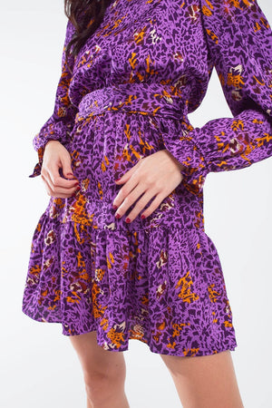 Q2 Women's Dress Short Printed Dress With Tiered Skirt And Ruffled Cuff In Purple