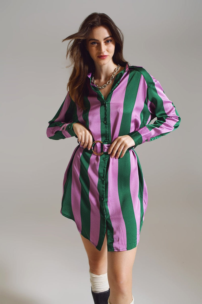 Q2 Women's Dress Short Shirt Dress In Lilac And Green Stripe