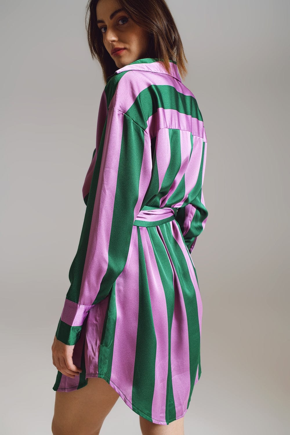 Q2 Women's Dress Short Shirt Dress In Lilac And Green Stripe