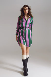 Q2 Women's Dress Short Shirt Dress In Lilac And Green Stripe