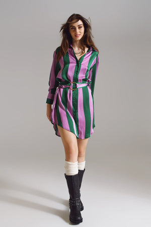 Q2 Women's Dress Short Shirt Dress In Lilac And Green Stripe