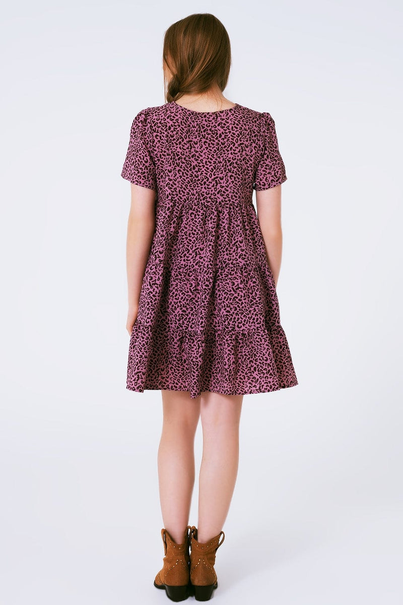 Q2 Women's Dress Short Sleeve Baby Doll Dress With Neck Detail In Purple Leopard Print