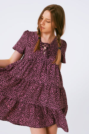 Q2 Women's Dress Short Sleeve Baby Doll Dress With Neck Detail In Purple Leopard Print