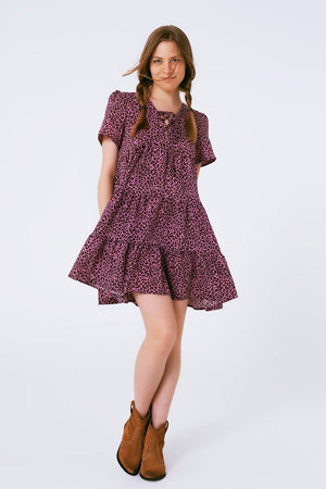 Q2 Women's Dress Short Sleeve Baby Doll Dress With Neck Detail In Purple Leopard Print