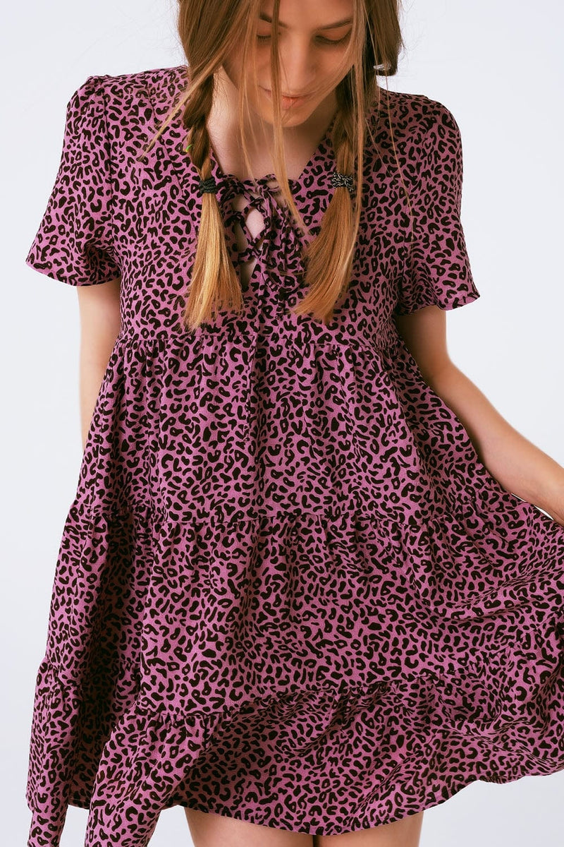 Q2 Women's Dress Short Sleeve Baby Doll Dress With Neck Detail In Purple Leopard Print