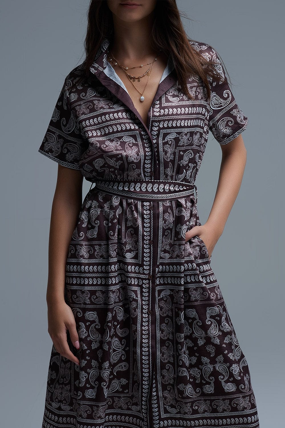 Q2 Women's Dress Short Sleeve Paisley Print Shirt Dress In Brown