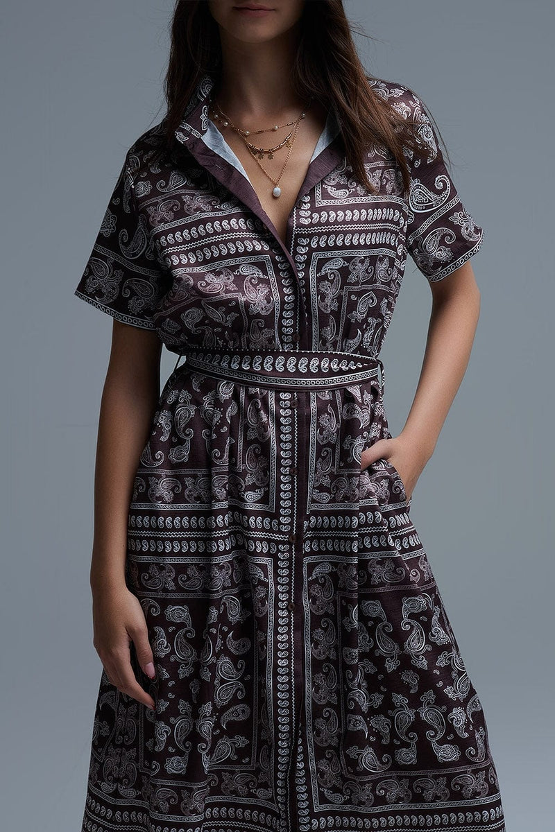 Q2 Women's Dress Short Sleeve Paisley Print Shirt Dress In Brown