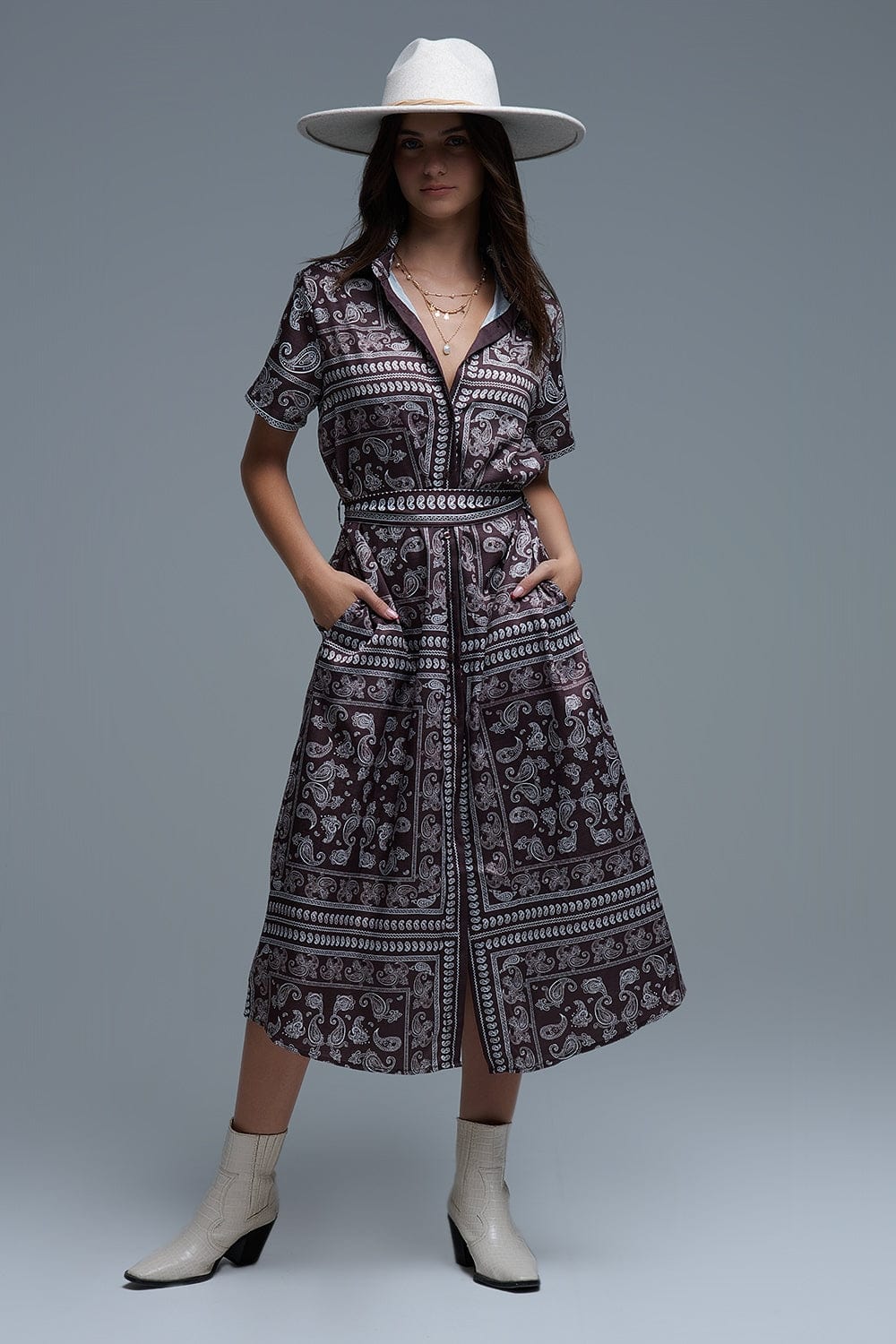 Q2 Women's Dress Short Sleeve Paisley Print Shirt Dress In Brown