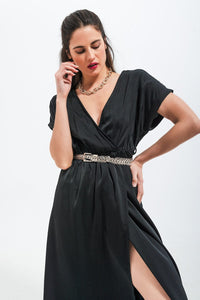 Q2 Women's Dress Short Sleeve Satin Maxi Dress in Black