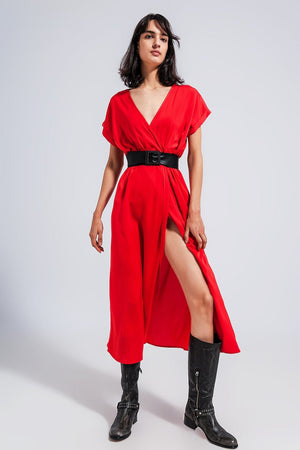 Q2 Women's Dress Short Sleeve Satin Maxi Dress in Red
