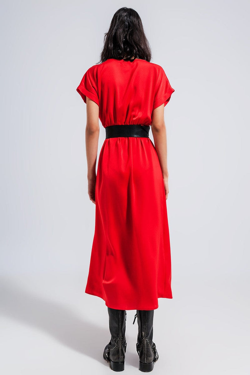 Q2 Women's Dress Short Sleeve Satin Maxi Dress in Red