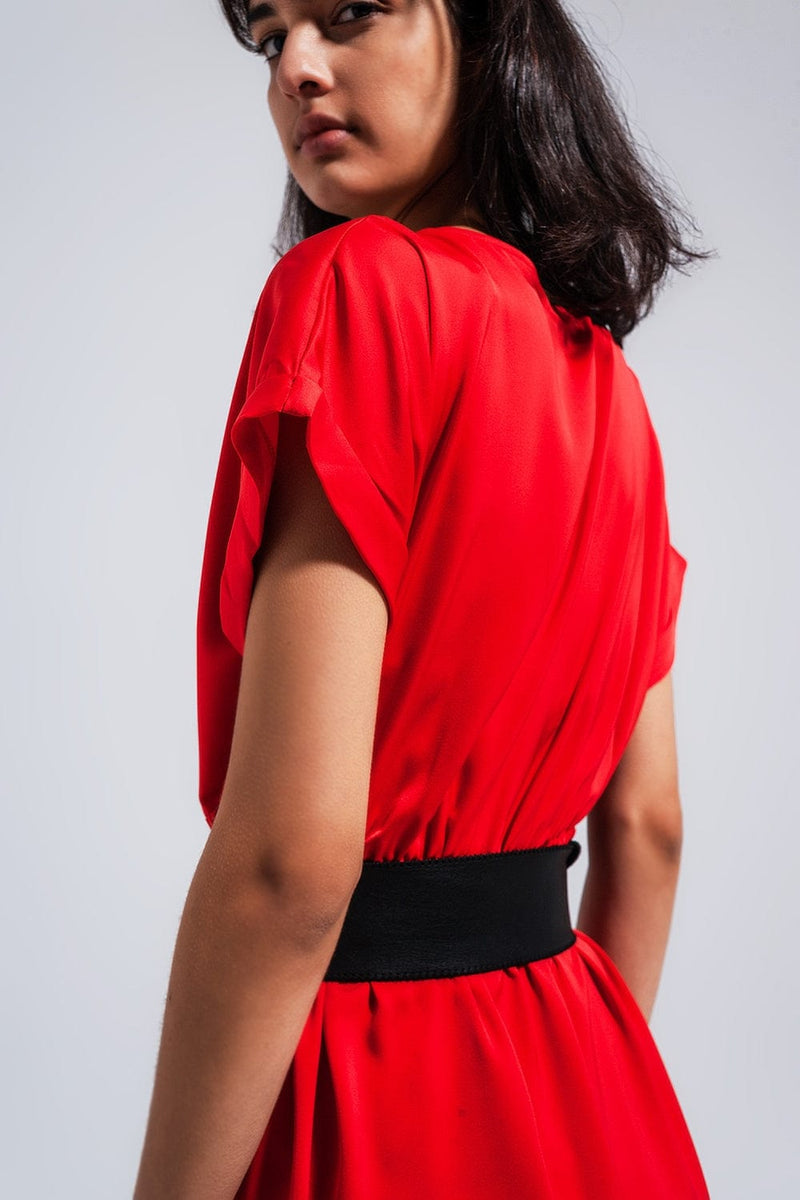 Q2 Women's Dress Short Sleeve Satin Maxi Dress in Red
