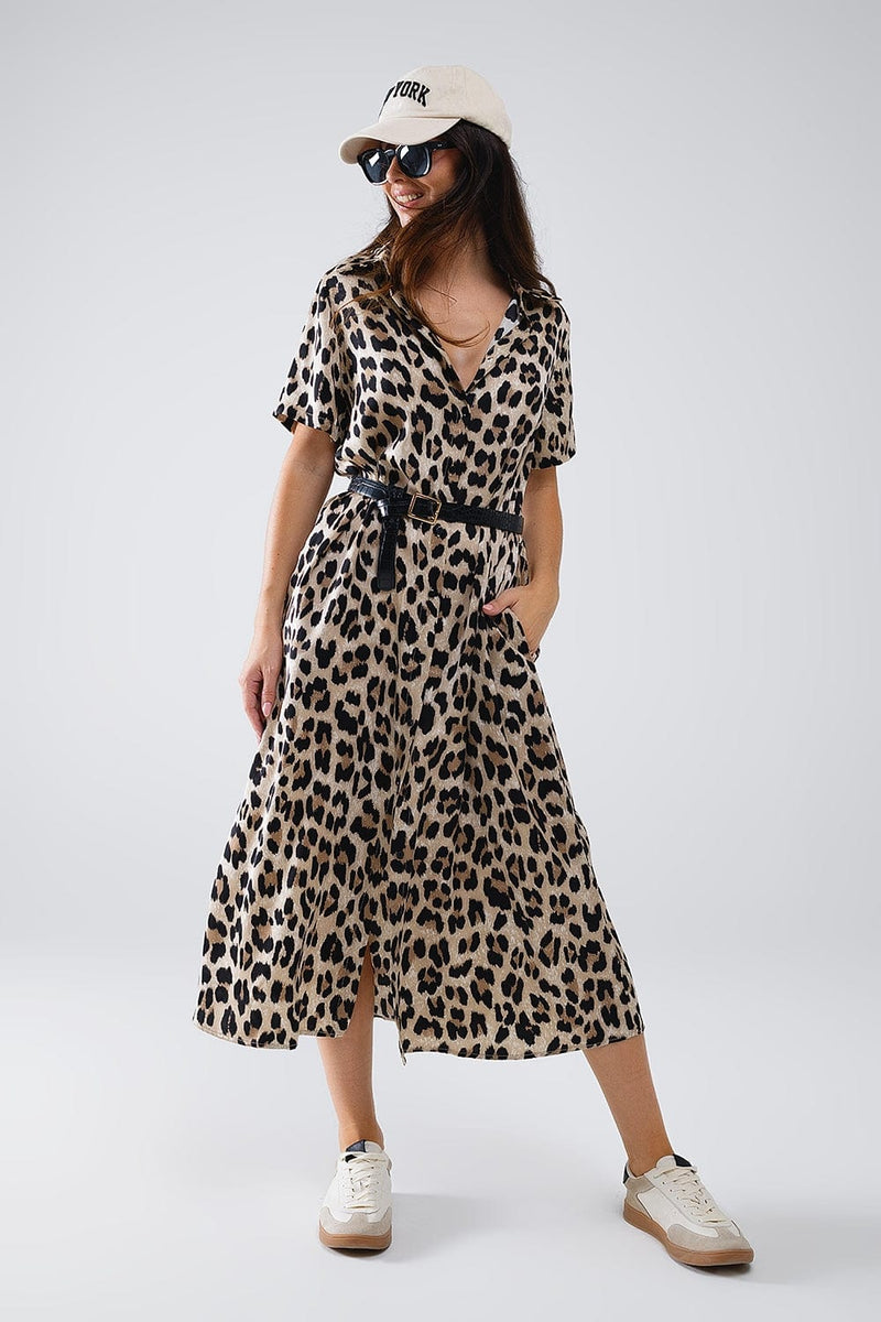 Q2 Women's Dress Short Sleeve Shirt Midi Dress With Belt In Leopard Print