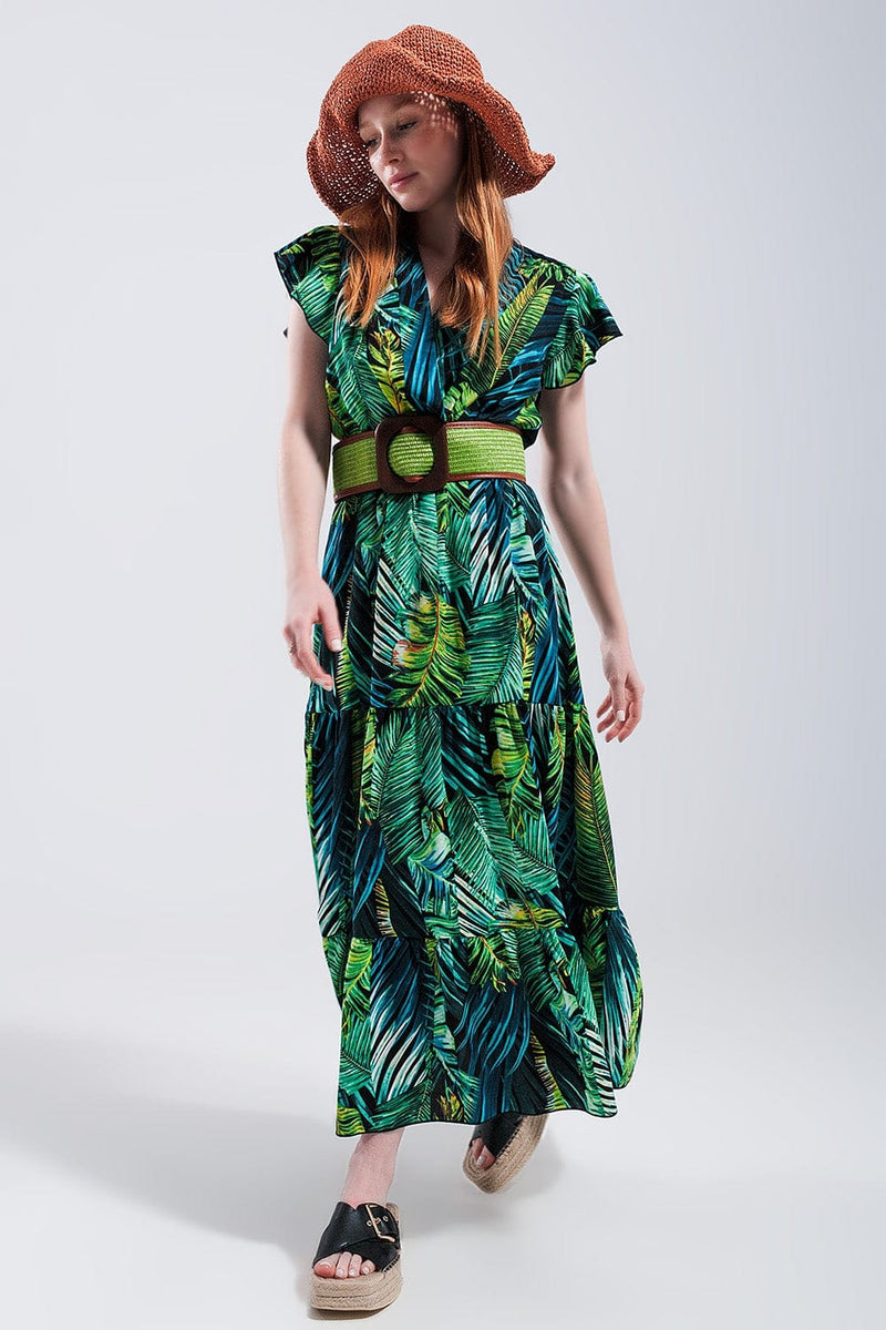 Q2 Women's Dress Short Sleeve Tiered Midi Dress in Tropical Print
