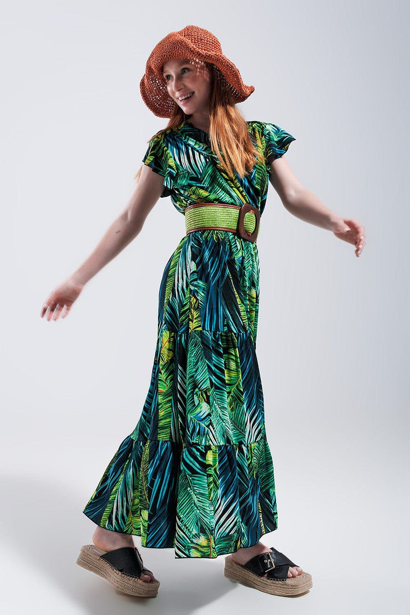 Q2 Women's Dress Short Sleeve Tiered Midi Dress in Tropical Print