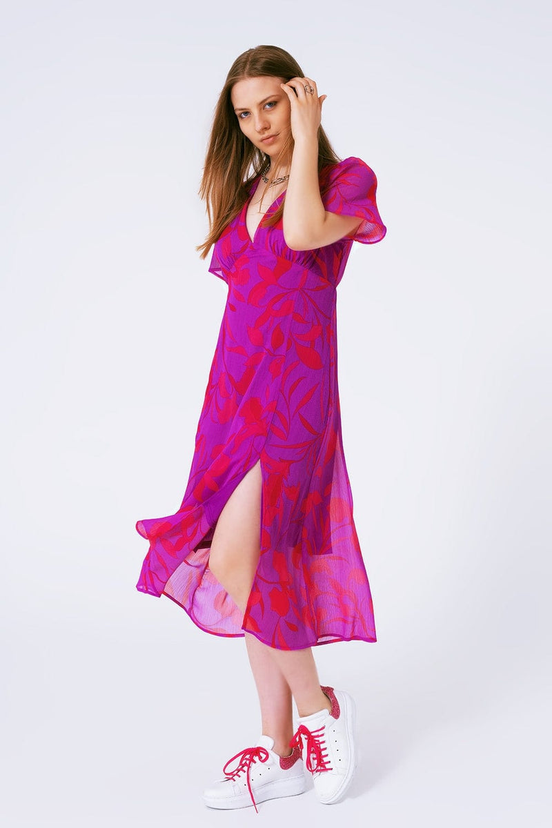 Q2 Women's Dress Short Sleeve V-Neck Chiffon Maxi Dress In Floral Print