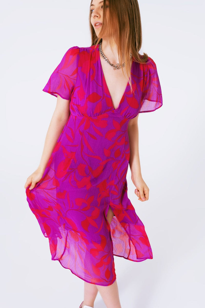 Q2 Women's Dress Short Sleeve V-Neck Chiffon Maxi Dress In Floral Print
