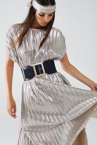 Q2 Women's Dress Silver Pleated Dress With Belt And Short Sleeves