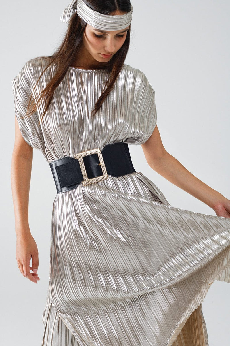 Q2 Women's Dress Silver Pleated Dress With Belt And Short Sleeves