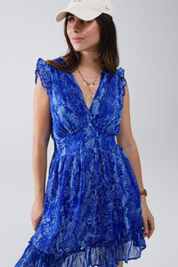 Q2 Women's Dress Skater Dress With Cinched Waist In Snake Blue Print With Gold Lurex Thread