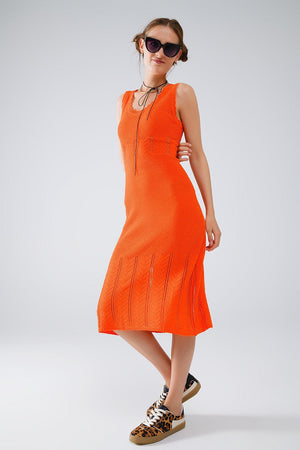 Q2 Women's Dress Sleeveless Orange Knit Midi Dress With Round Neck