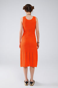 Q2 Women's Dress Sleeveless Orange Knit Midi Dress With Round Neck