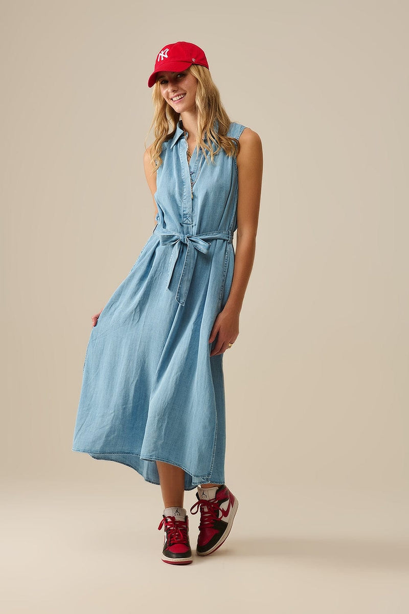 Q2 Women's Dress Sleeveless Tencel Fabric Shirt Dress In Blue