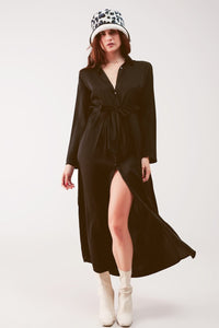 Q2 Women's Dress Slouchy Plunge Shirt Maxi Dress in Black