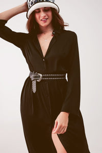 Q2 Women's Dress Slouchy Plunge Shirt Maxi Dress in Black