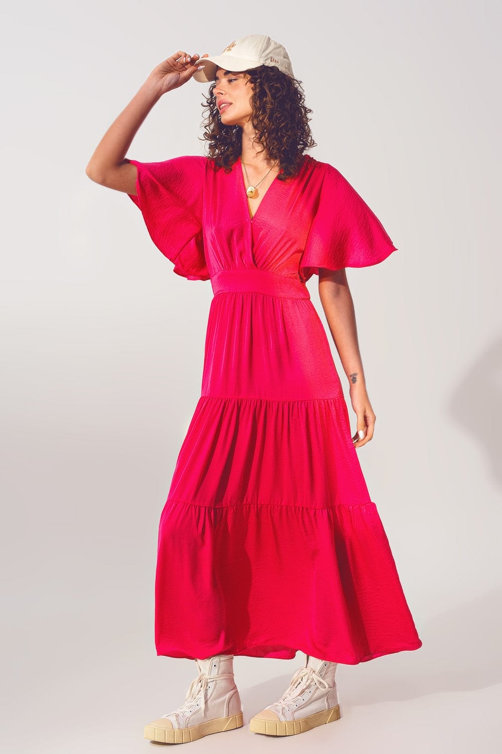 Q2 Women's Dress Smock V Neck Maxi Dress in fucsia