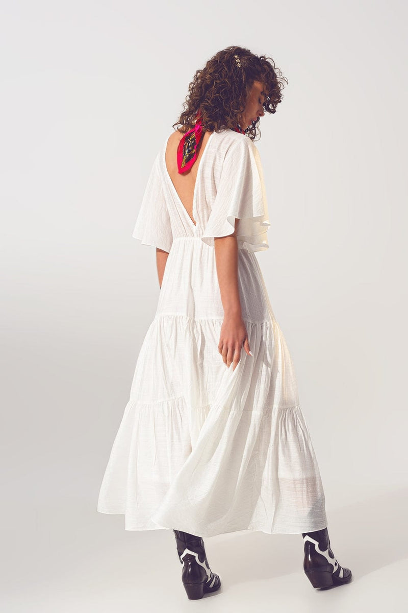 Q2 Women's Dress Smock V Neck Maxi Dress in White