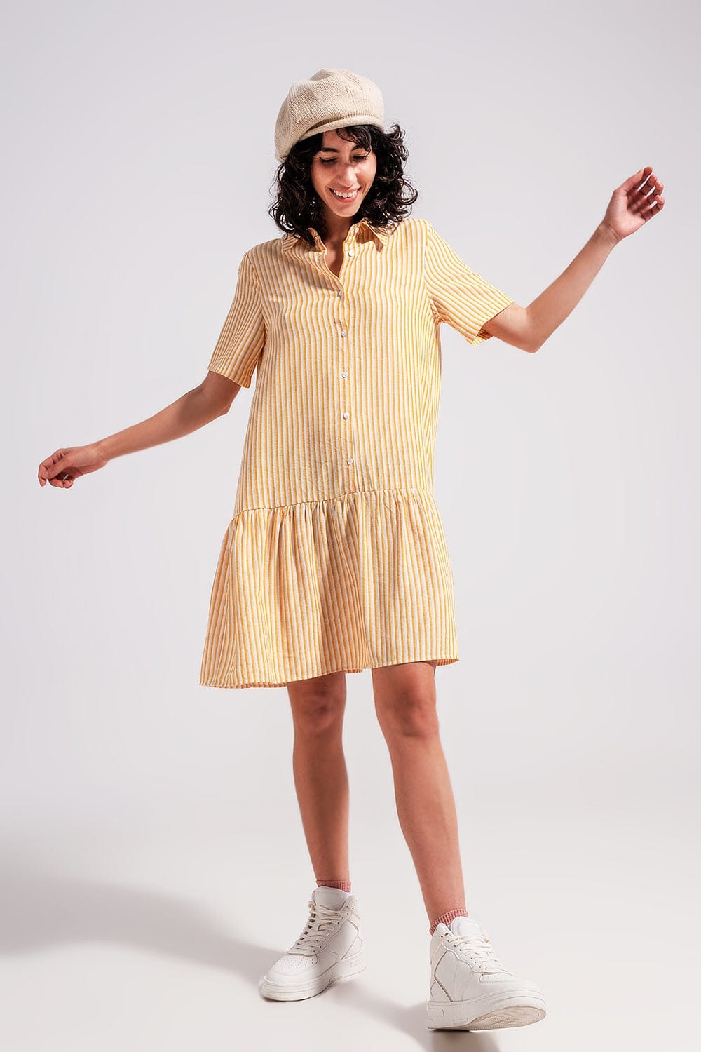 Q2 Women's Dress Stripe Print Mini Dress in Yellow