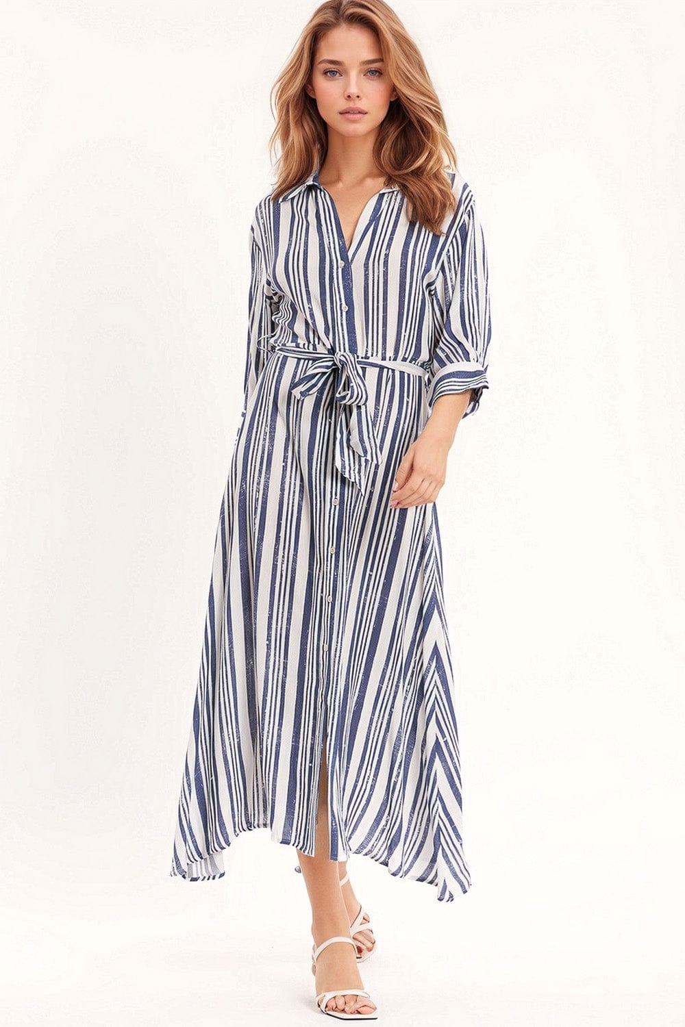 Q2 Women's Dress Striped Maxi Shirt Dress With 3/4 Sleeve And Belt In Blue And White