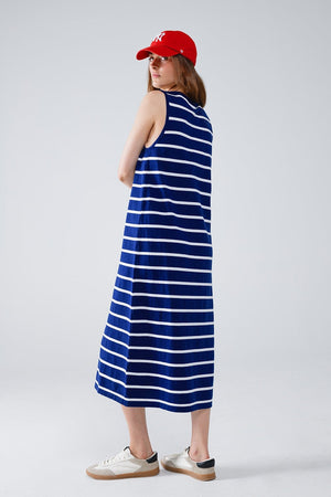 Q2 Women's Dress Tank Maxi Dress With Scoop Neck In Navy With White Stripes