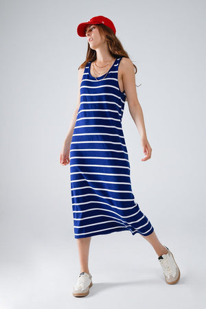 Q2 Women's Dress Tank Maxi Dress With Scoop Neck In Navy With White Stripes