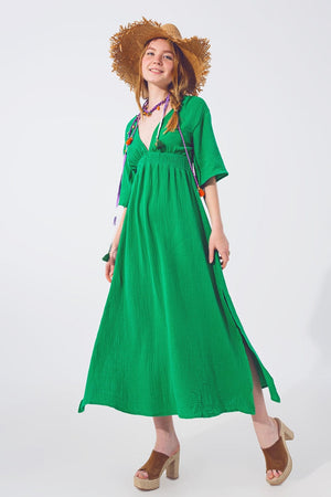 Q2 Women's Dress Textured V-Neck Maxi Dress in Green