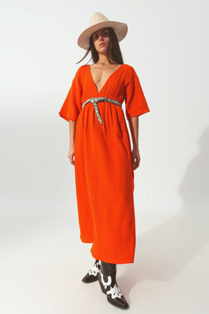 Q2 Women's Dress Textured V-Neck Maxi Dress in Orange