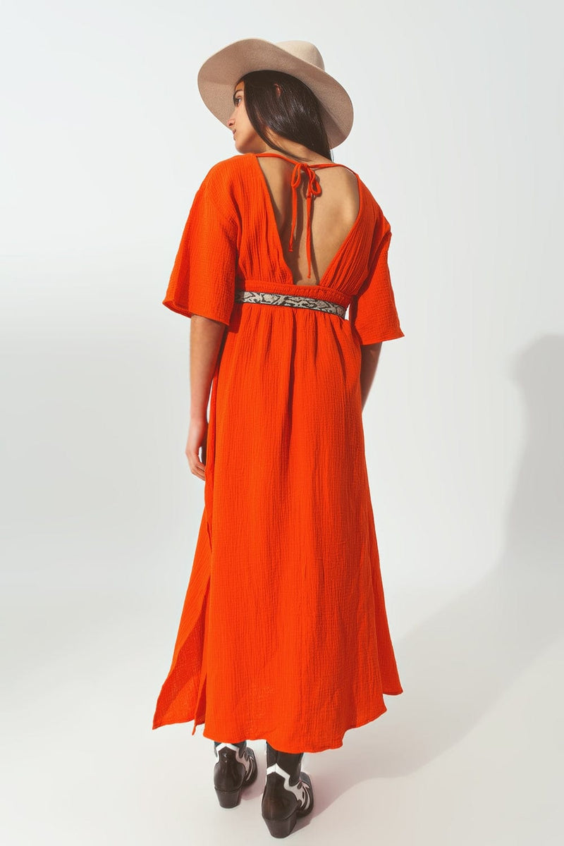 Q2 Women's Dress Textured V-Neck Maxi Dress in Orange