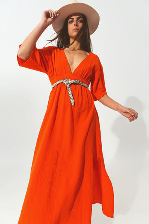 Q2 Women's Dress Textured V-Neck Maxi Dress in Orange
