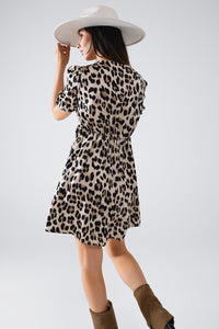 Q2 Women's Dress Tie-String Mini Dress With Puff Sleeves In Leopard Print